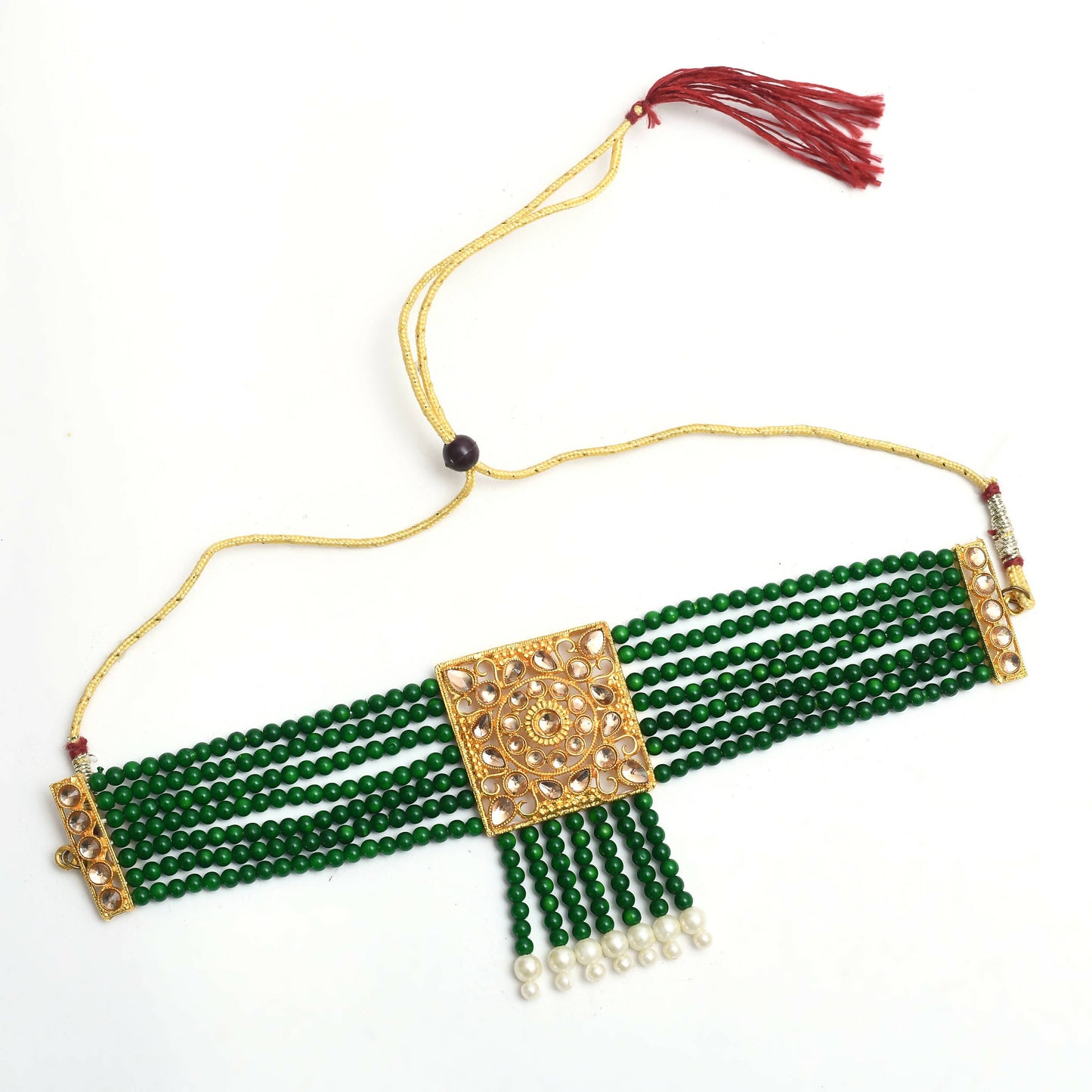 Mominos Fashion Johar Kamal Gold-Polished Kundan & Pearls Necklace Green/Golden Color Choker Set