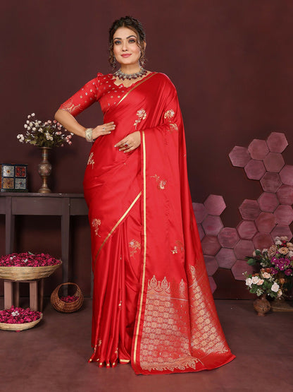 Joban Fashion Red Floral Banarasi Silk Sarees