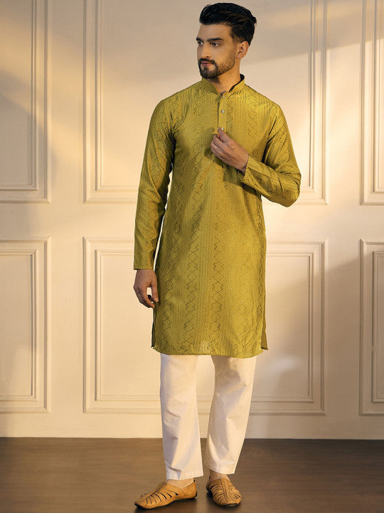 Anouk Mustard Geometric Embroidered Mandarin Collar Pure Cotton Straight Kurta