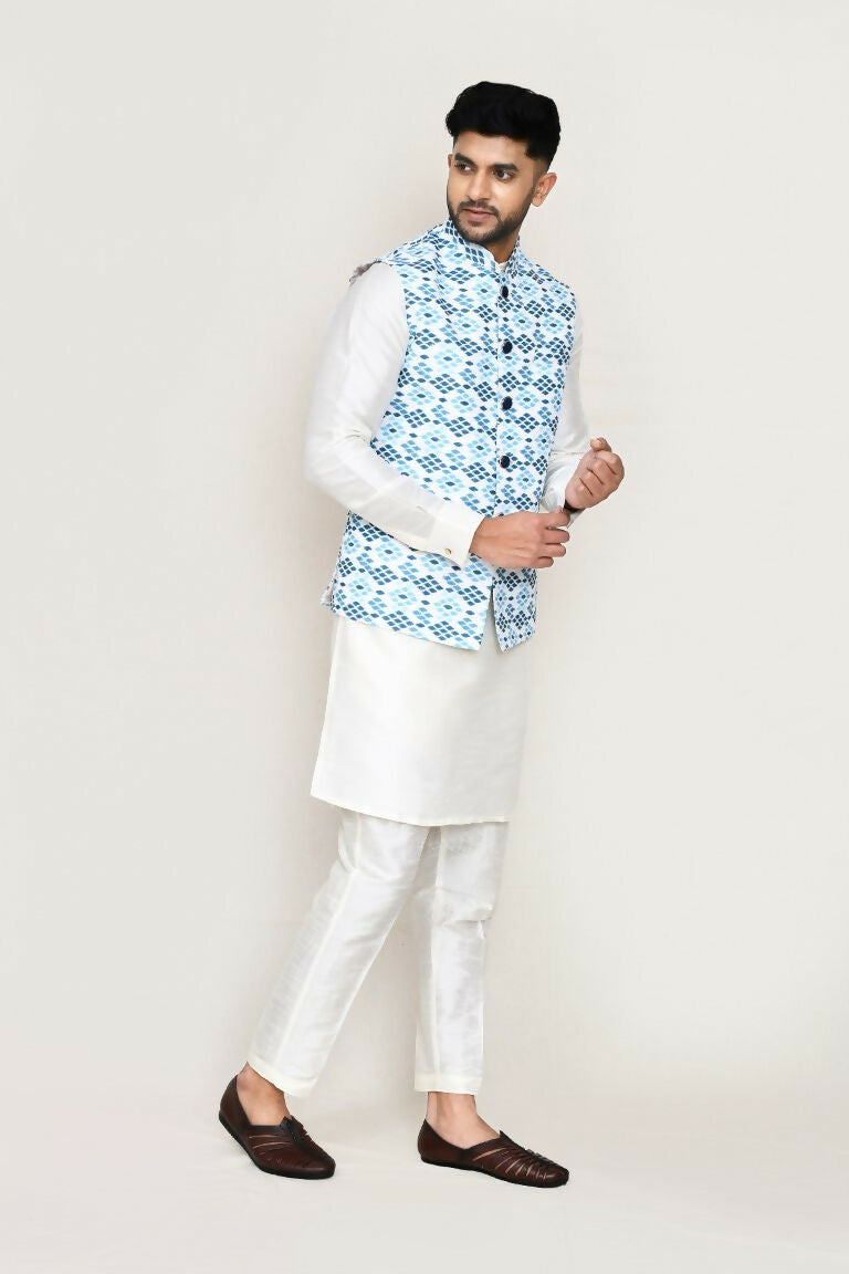 Joban Fashion White Colored Art Silk Fabric Kurta, Jacket With Straight Fit Pant