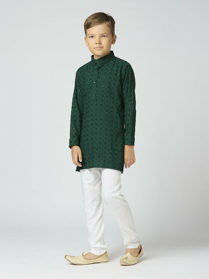 Joban Fashion Kids Island Full Sleeves Cotton Kurta and Pyjama Set with Sequin work - Green