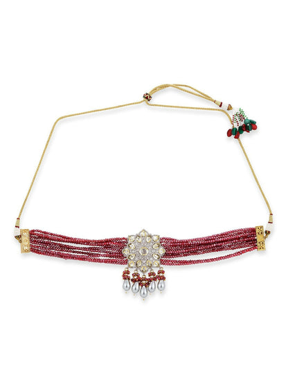 Maroon Kundan Choker with Pearl Drops- Ruby Raang