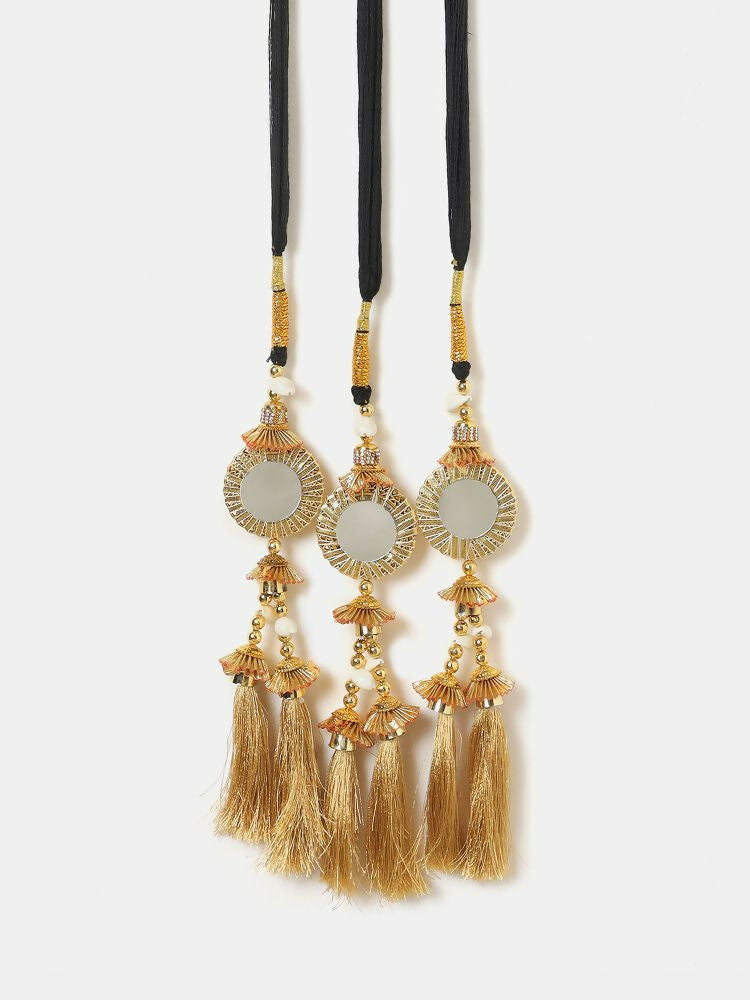 Ruby Raang Gold Gota Pati Work And Threads With Pearls And Black Thread And Mirrors