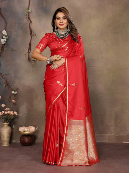 Joban Fashion Red Floral & Botanical Motifs Satin Silk Banarasi Silk Saree