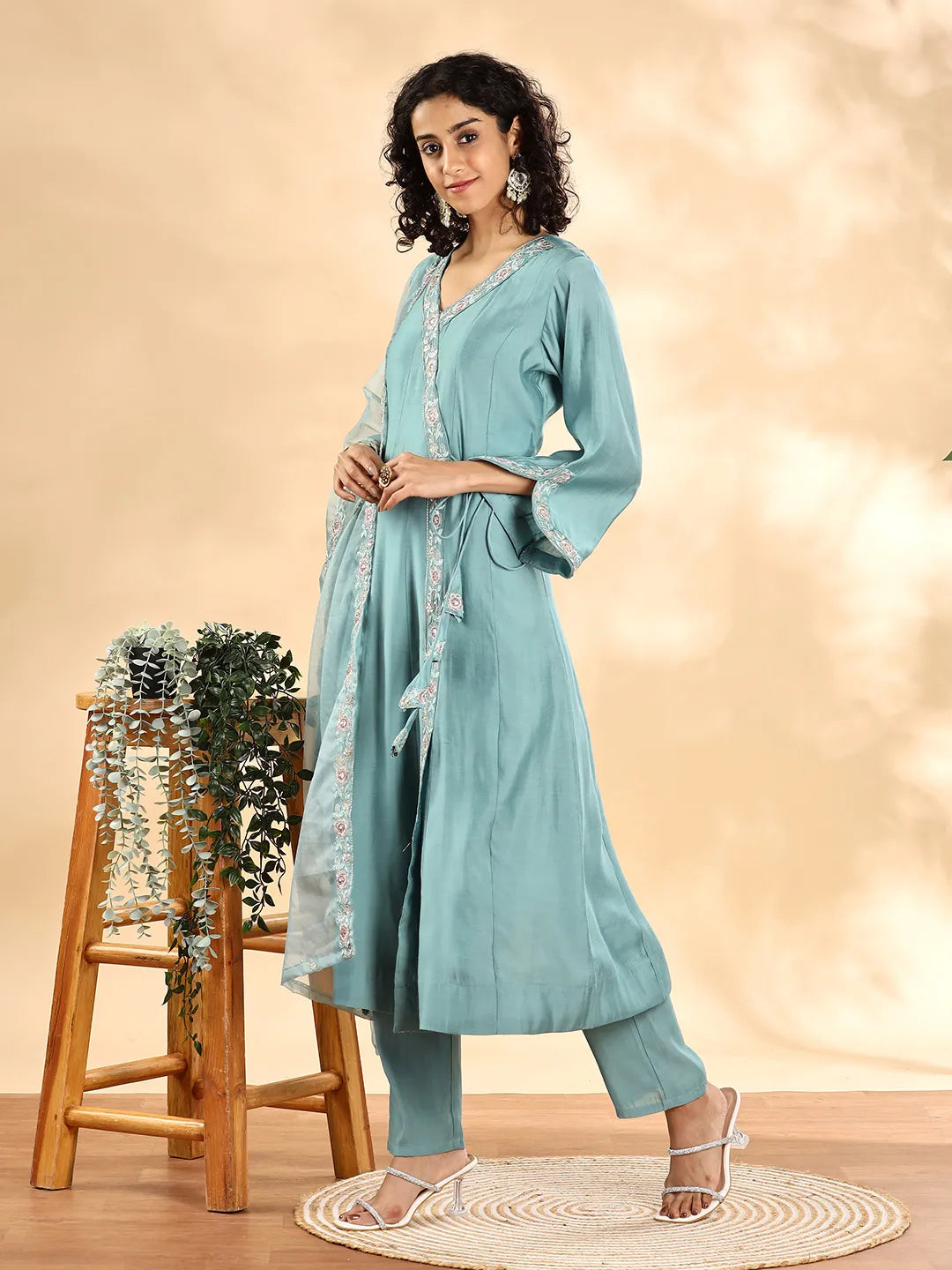 Yufta Teal Green Silk Embroidered Angrakha Kurta Pant Set With Organza Dupatta Set