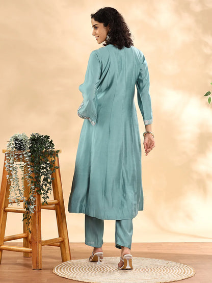 Yufta Teal Green Silk Embroidered Angrakha Kurta Pant Set With Organza Dupatta Set