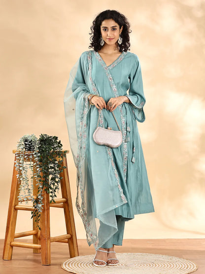 Yufta Teal Green Silk Embroidered Angrakha Kurta Pant Set With Organza Dupatta Set
