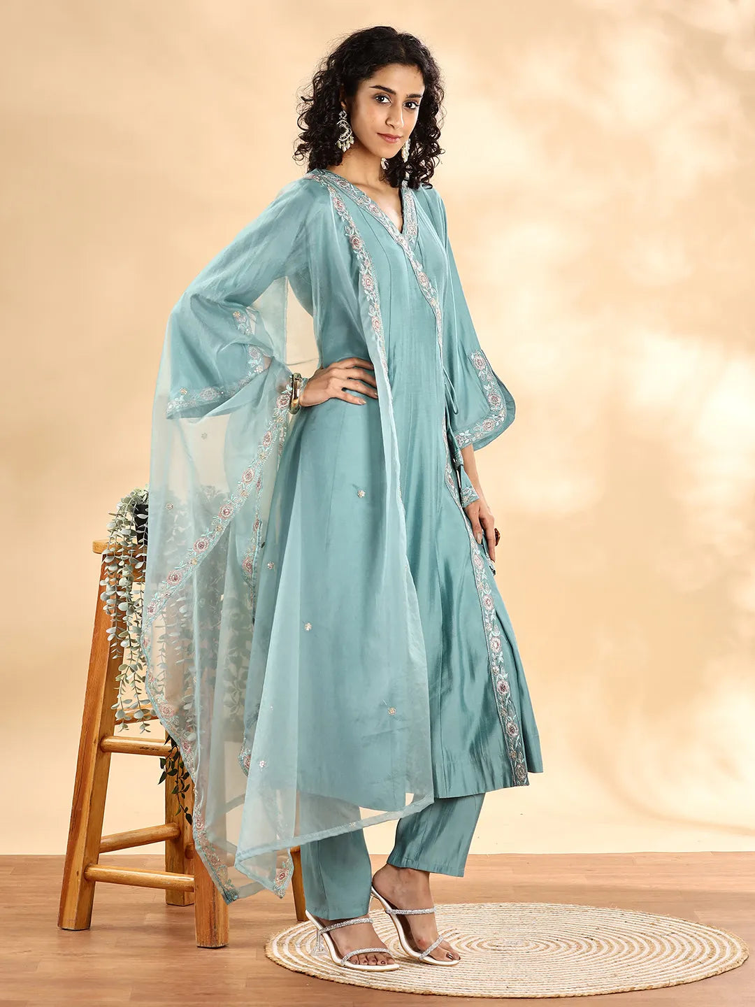 Yufta Teal Green Silk Embroidered Angrakha Kurta Pant Set With Organza Dupatta Set
