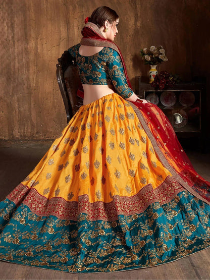 Tulsi Art Teal Green -Yellow Embroidery Banarasi Silk Bridal Lehenga Choli With Maroon Dupatta