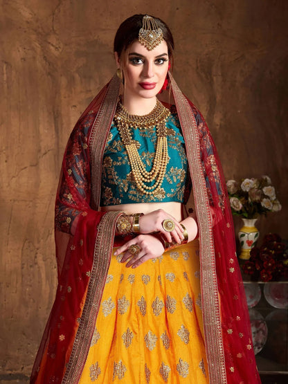 Tulsi Art Teal Green -Yellow Embroidery Banarasi Silk Bridal Lehenga Choli With Maroon Dupatta