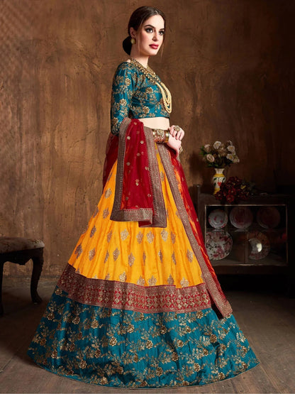 Tulsi Art Teal Green -Yellow Embroidery Banarasi Silk Bridal Lehenga Choli With Maroon Dupatta