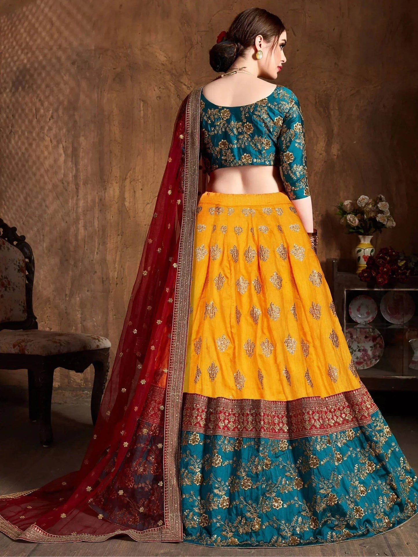 Tulsi Art Teal Green -Yellow Embroidery Banarasi Silk Bridal Lehenga Choli With Maroon Dupatta