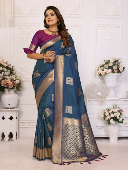 Anaita Navy Blue Soft Silk With Zari Weaving Borders Saree With Blouse