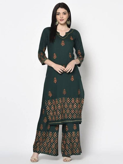 Aniyah Rayon Bottle Green Block Print Straight Kurta (AN-218K)