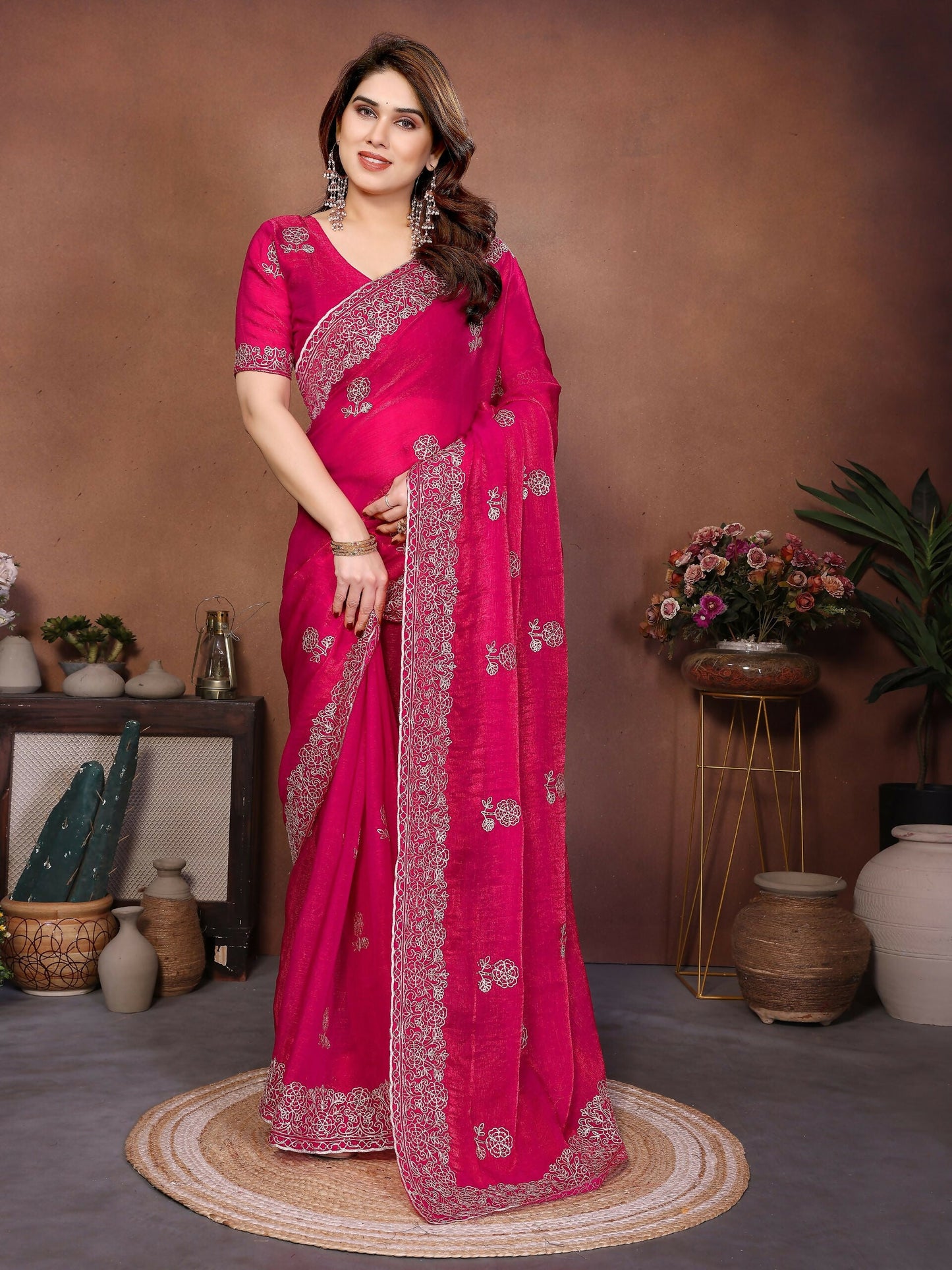 Teeya Creation New Trendy Party Wear Soft Satin Chiffon Saree-Pink