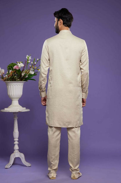 Raivat Ethnic Art Banarasi Silk Thread Work Kurta Pajama In Beige Colour