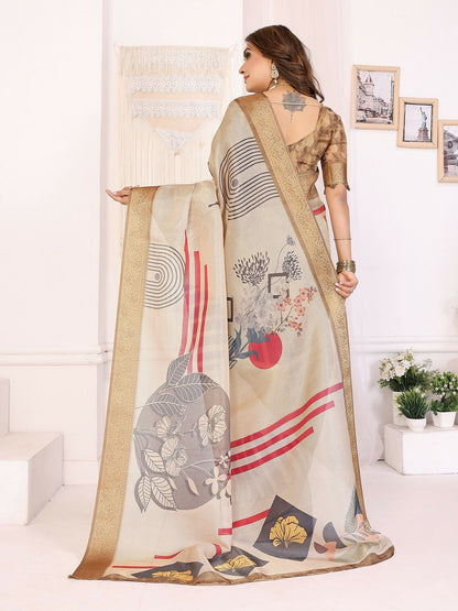 Joban Fashion Beige Art Print pattern Banarasi Silk Sarees