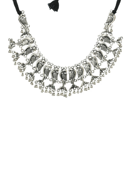 Mominos Fashion Johar Kamal Oxidised Silver-Plated Brass Finish Peacock Choker For Women (Silver)