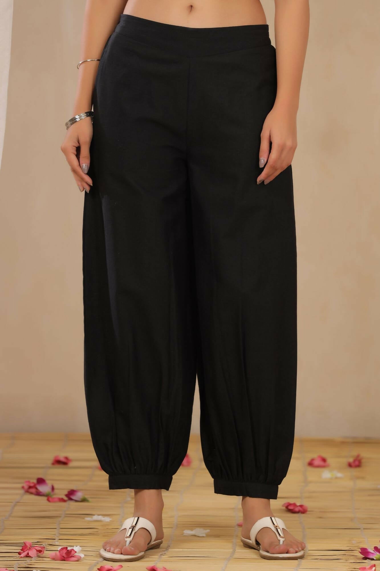 Juniper Women Black Cotton Flex Solid Stylized Dhoti Pant