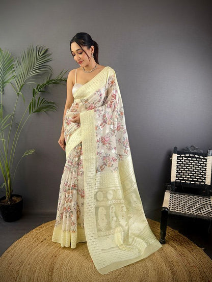 Elora Grey Silk Floral Motifs Coppery Tone Contrast Floral Border Banarasi Saree