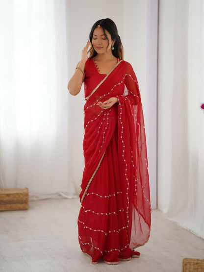 Red Sitara Chiffon Designer Beads Moti,Val Sequence Work Saree - Noorie