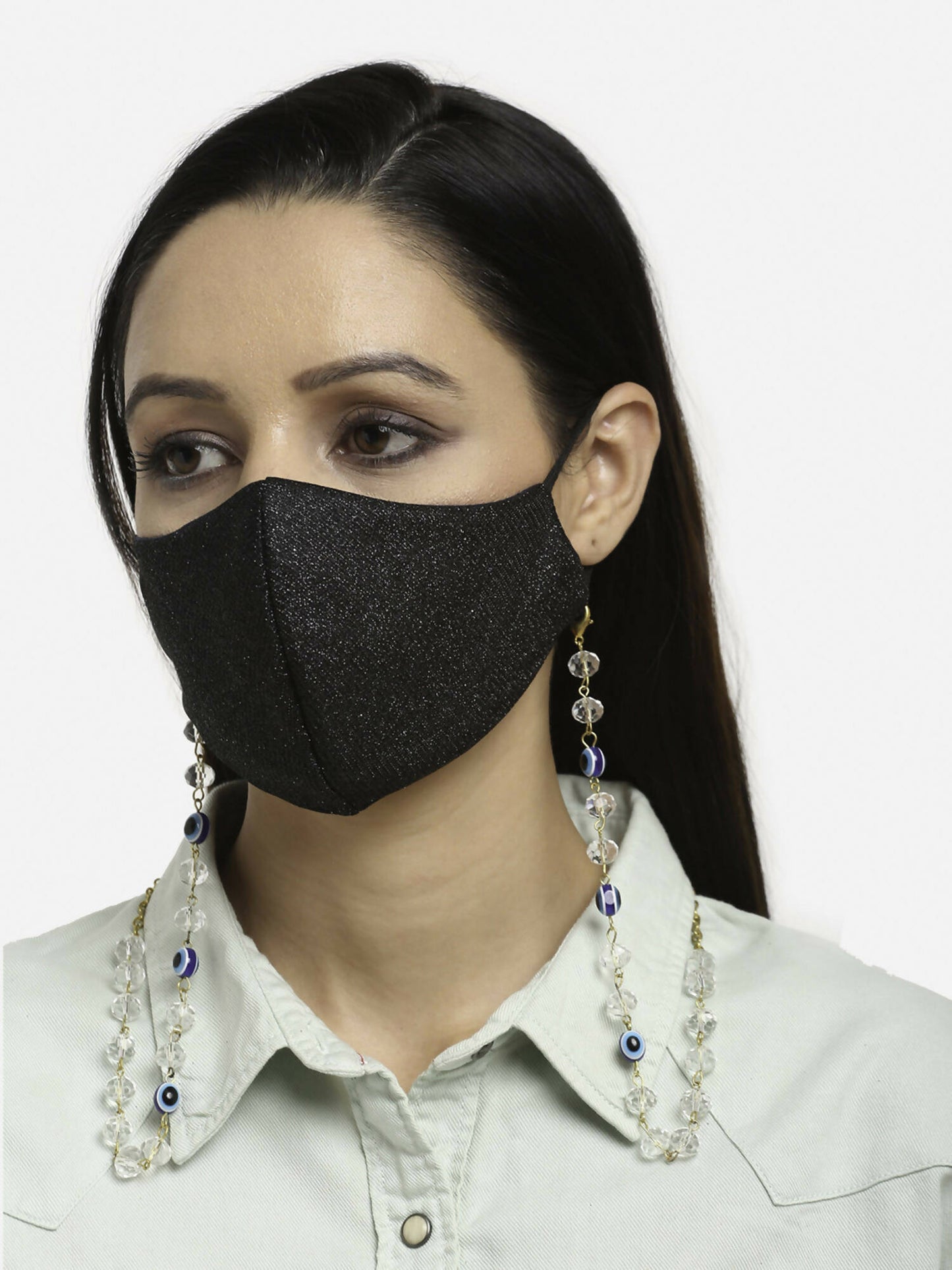 Unisex Gold-Toned Blue Evil Eye Beaded Mask Chain - Ruby Raang