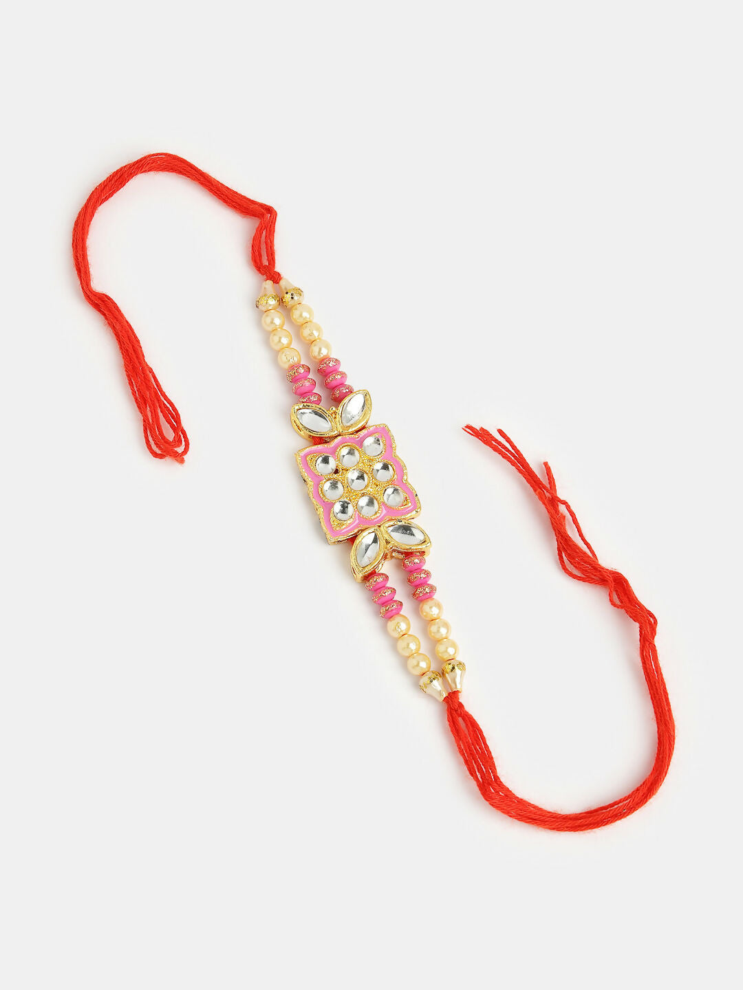 NVR Men Pink & Gold-Toned Kundan-Studded Rakhi With Roli Chawal & Chocolate