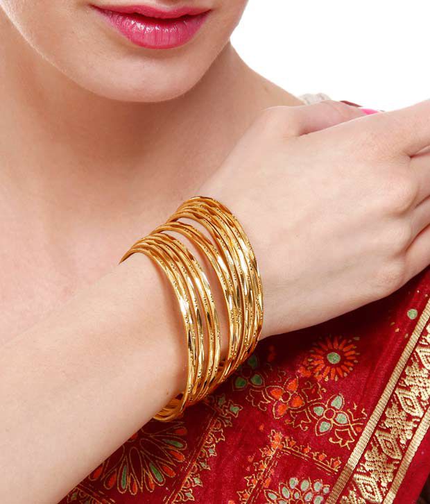 Gold-Polished Alloy Set Of 12 Thin Bangles - The Pari