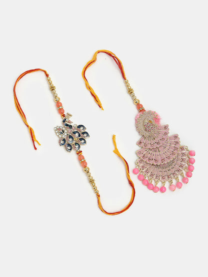 NVR Women & Men Set of 2 Multicolor Peacock Design Stone-Studded & Beaded Bhaiya Bhabhi Rakhi With Roli Chawal & Chocolate