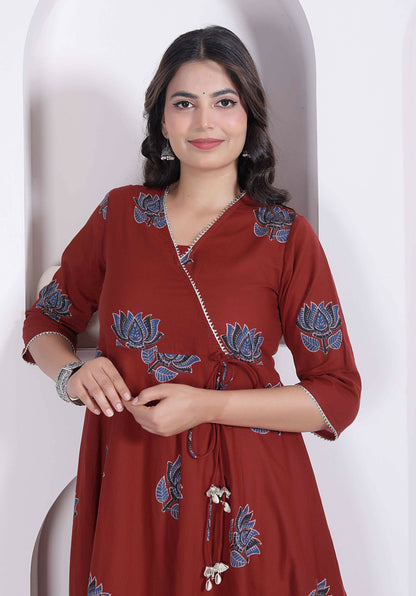 Miravan Womens Rust Floral Printed Pure Cotton Gota Patti Angrakha Kurta