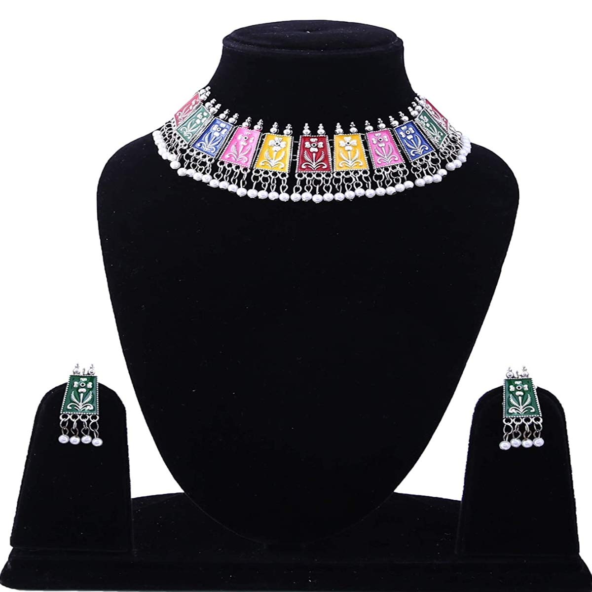 Rhodium-Plated Alloy Eanamel Coated Multicolour Choker Necklace - The Pari
