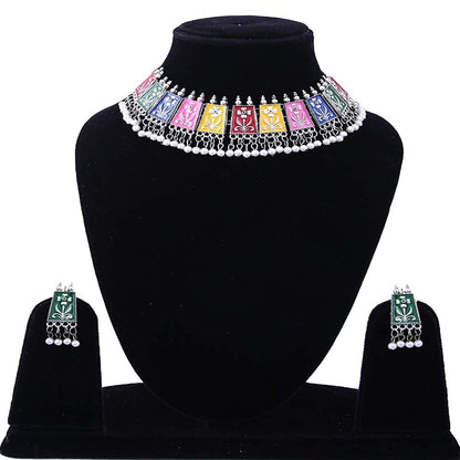 Rhodium-Plated Alloy Eanamel Coated Multicolour Choker Necklace - The Pari