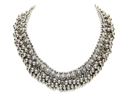 Rhodium-Plated Alloy Silver Bead Cluster Choker Necklace - The Pari