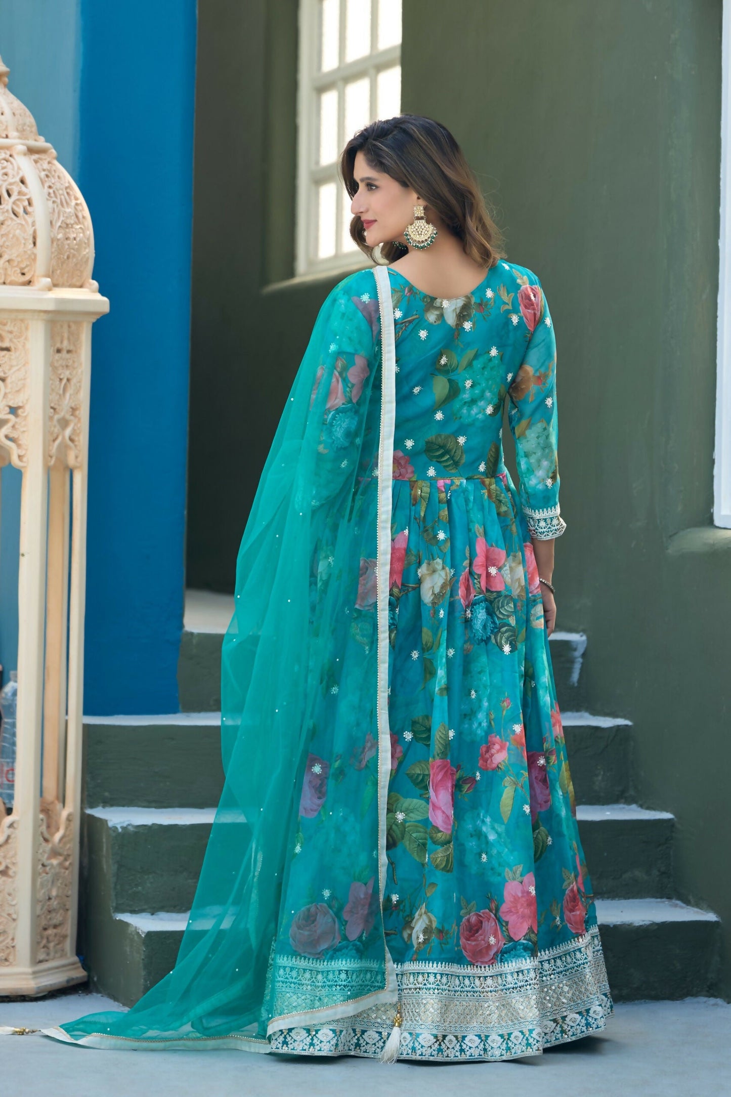 Anaita Blue Tabby Silk Readymade Anarkali Suit with Embroidery Thread & Sequence Work