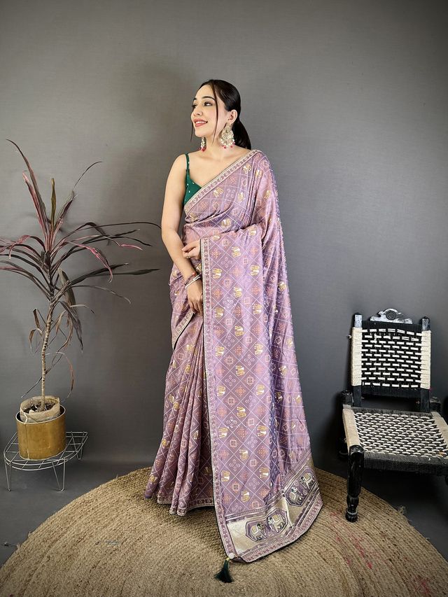 Elora Lavender Vichitra Silk Animal Motifs Foil Print Sequence Embroidery Work Bandhani Saree