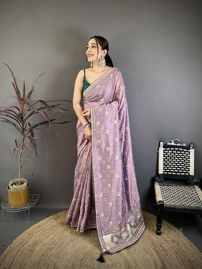 Elora Lavender Vichitra Silk Animal Motifs Foil Print Sequence Embroidery Work Bandhani Saree