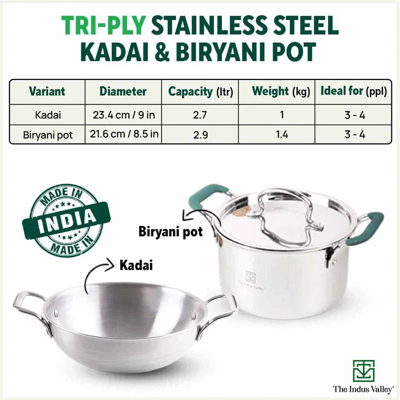 The Indus Valley Premium Tri-Ply Set - Kadai(23.4cm) + Casserole Biryani Pot(21.6cm)