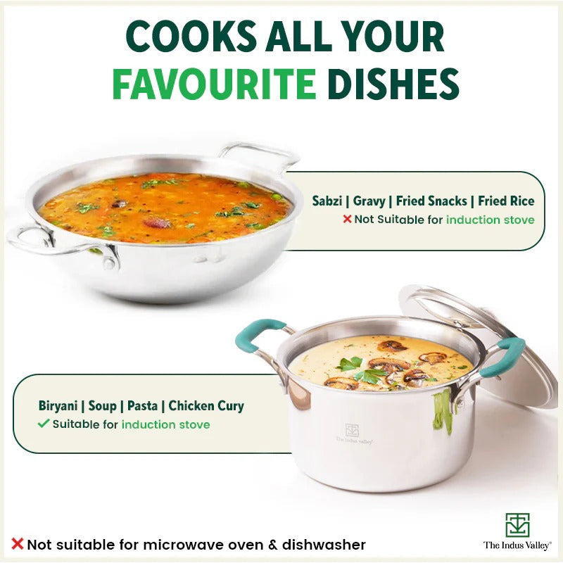 The Indus Valley Premium Tri-Ply Set - Kadai(23.4cm) + Casserole Biryani Pot(21.6cm)