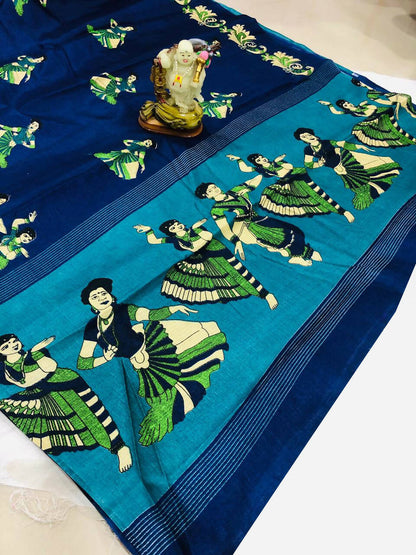 Vamika Navy Blue & Sky Blue Kalamkari With Jhalar Khadi Silk Saree