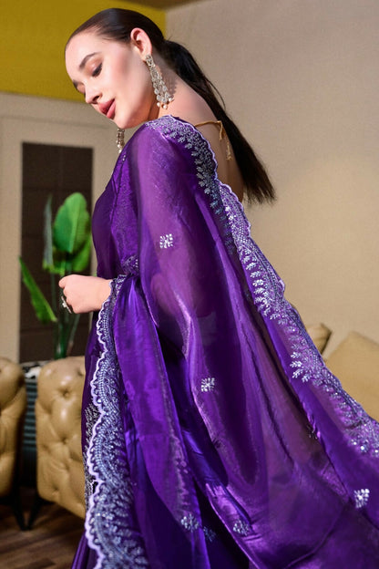 Vastranavya Purple-Blue Embroidery Work Shimmer Chiffon Saree with Unstitched Blouse