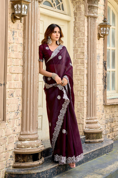 Vastranavya Wine Embroidery Work Shimmer Chiffon Saree with Unstitched Blouse