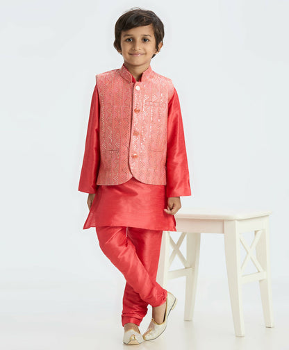 Joban Fashion Kids Island Sequence work Nehru Jacket Full Sleeves Kurta, Pajama Set - Tomato Red
