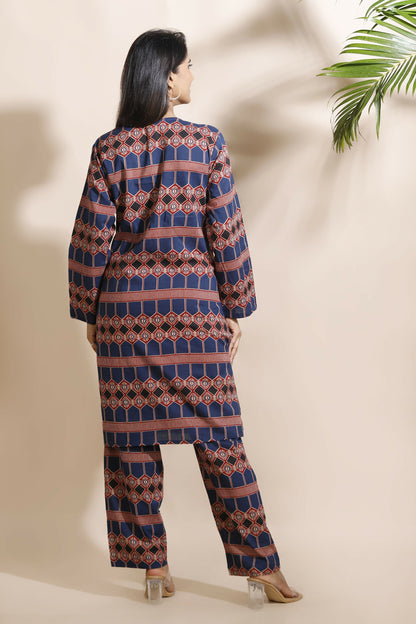Breathables Women'S Blue Cotton Abstract Print Loungewear Co-Ord Set – Long Kurta & Pants