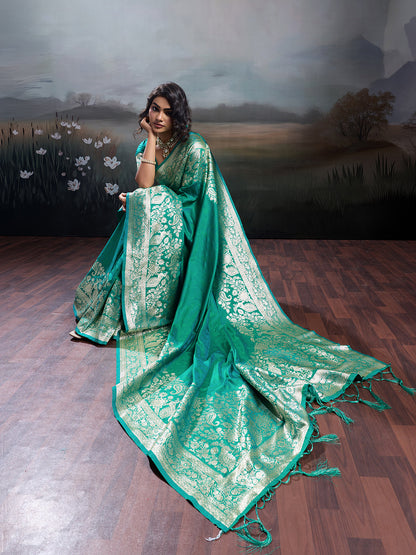 Anaita Turquoise Silk Blend Woven Saree With Blouse