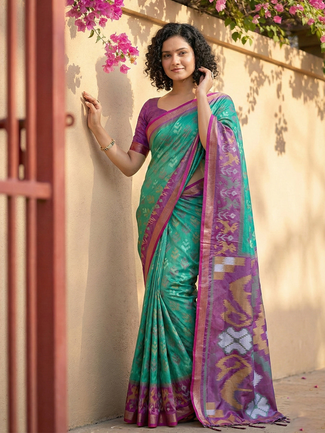Anaita Turquoise Pochampally Printed Saree With Blouse
