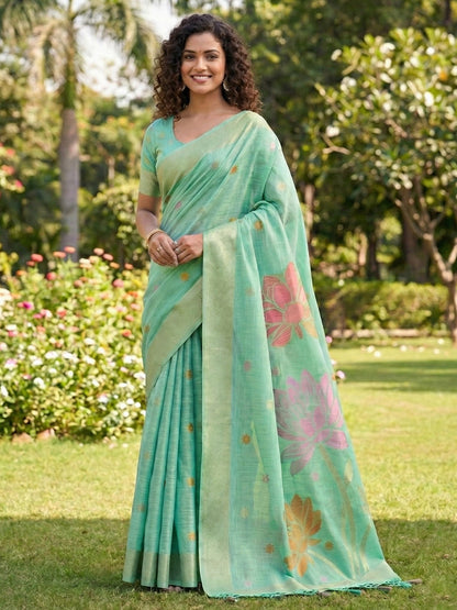 Anaita Turquoise Linen Saree With Blouse Piece