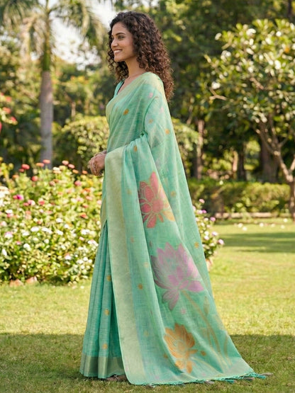 Anaita Turquoise Linen Saree With Blouse Piece