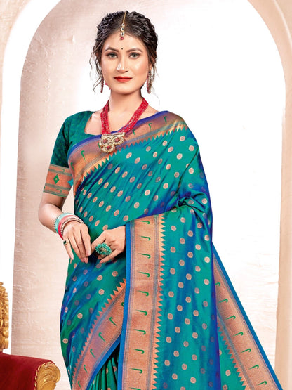 Anaita Turquoise Banarasi Saree With Blouse Piece