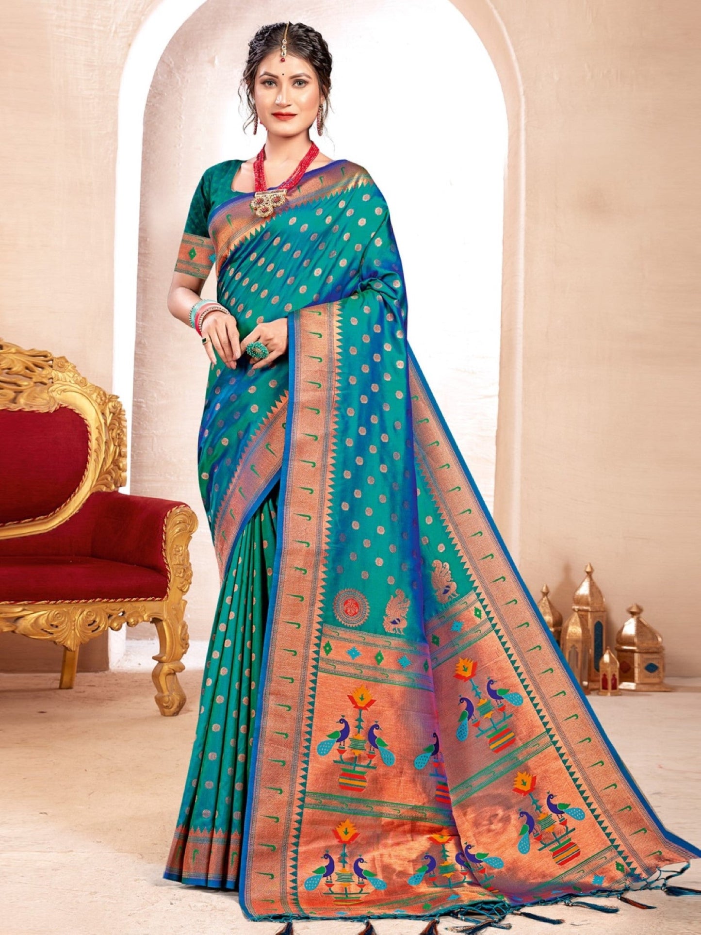 Anaita Turquoise Banarasi Saree With Blouse Piece