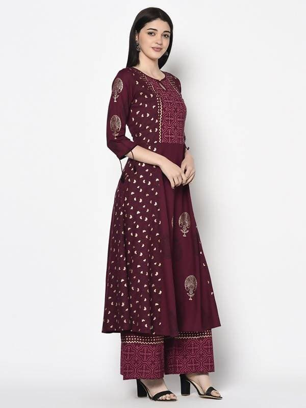 Aniyah Rayon Wine Color Block Print Anarkali Palazzo Set (AN-171K)